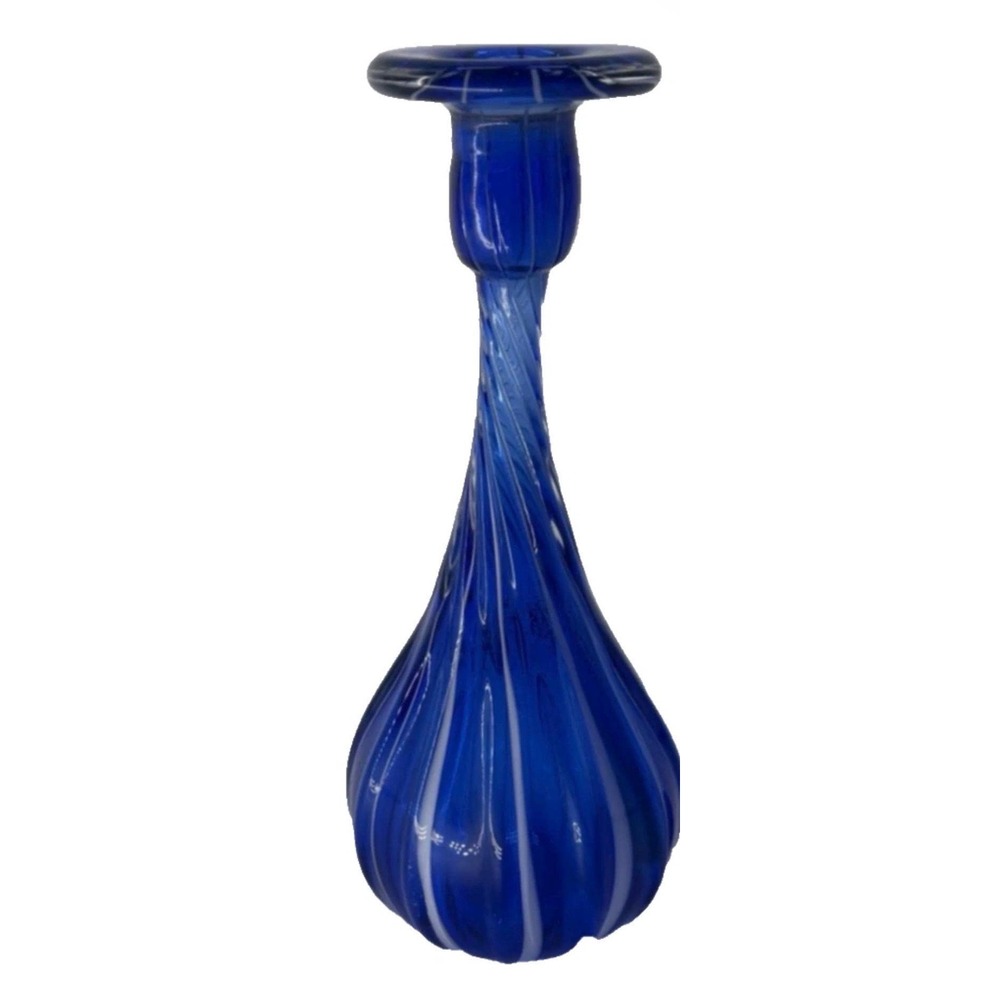 Vintage Cobalt Blue Bottle Vase Candle Holder Handblown Glass Italian Swirl 10"